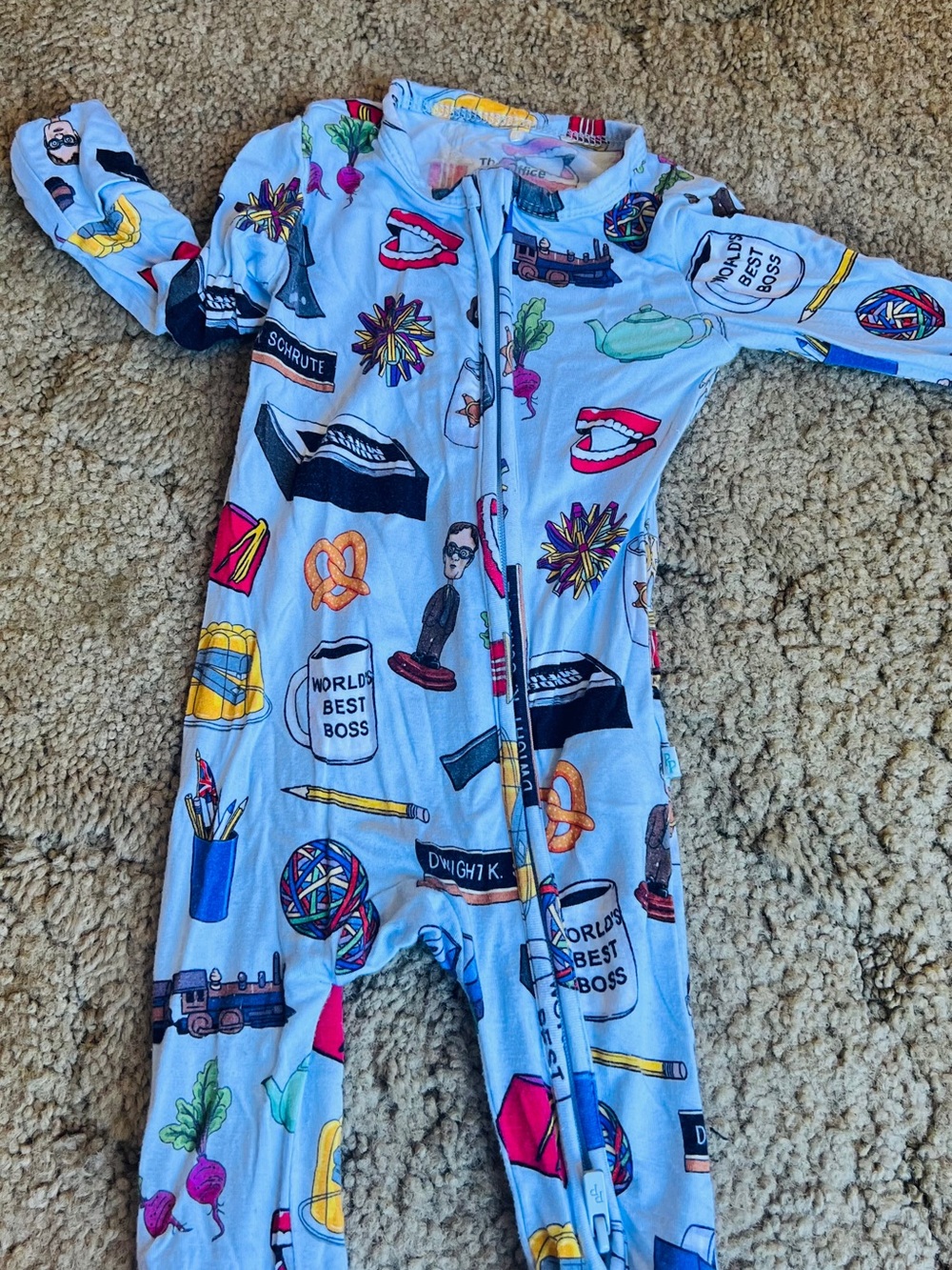 The Office themed One-Piece Pajama Romper - Light Blue with Fun Prints O-3 month